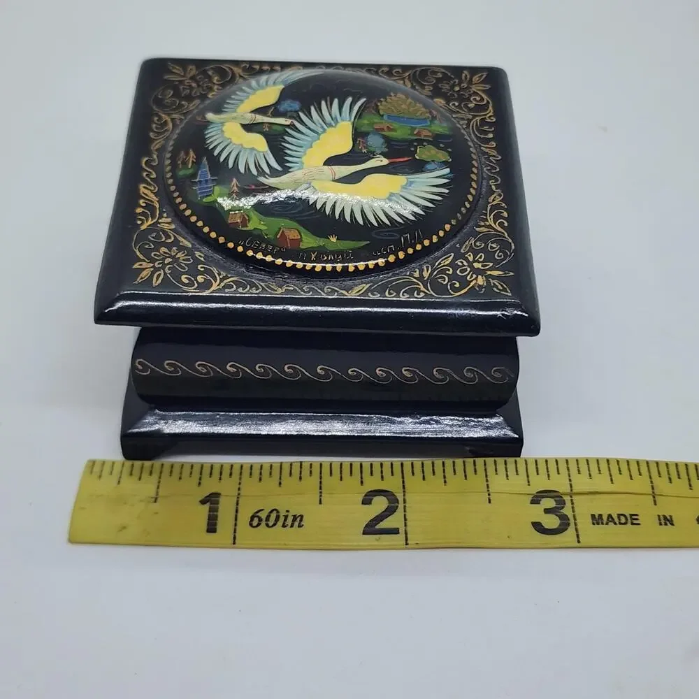 Vintage Russian Black Lacquer Trinket Box Birds Hand Painted Cranes Gold Leaf